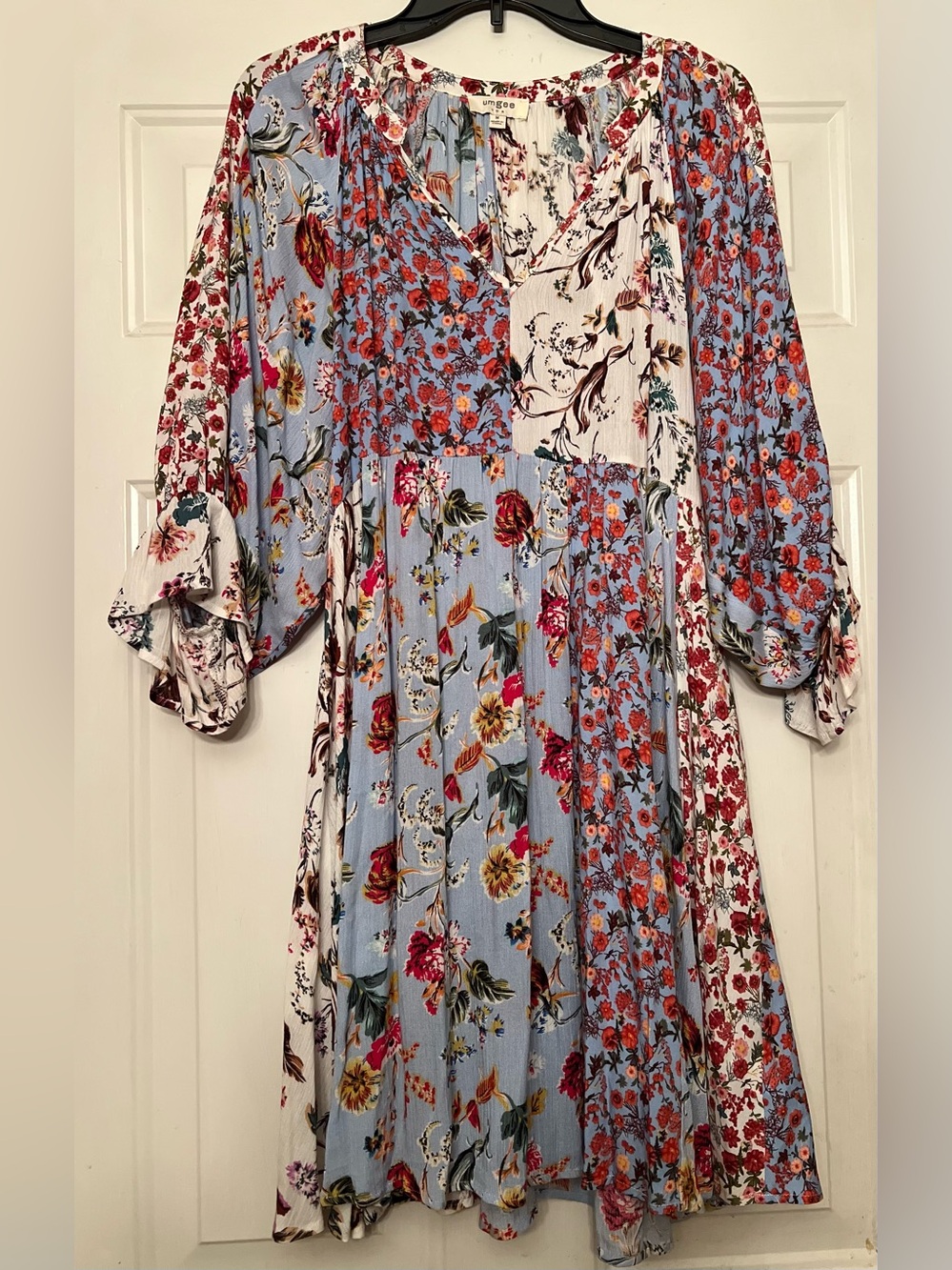 Umgee Floral Patchwork Boho Long Sleeve Babydoll Dress - Women's Medium - Picture 2 of 4
